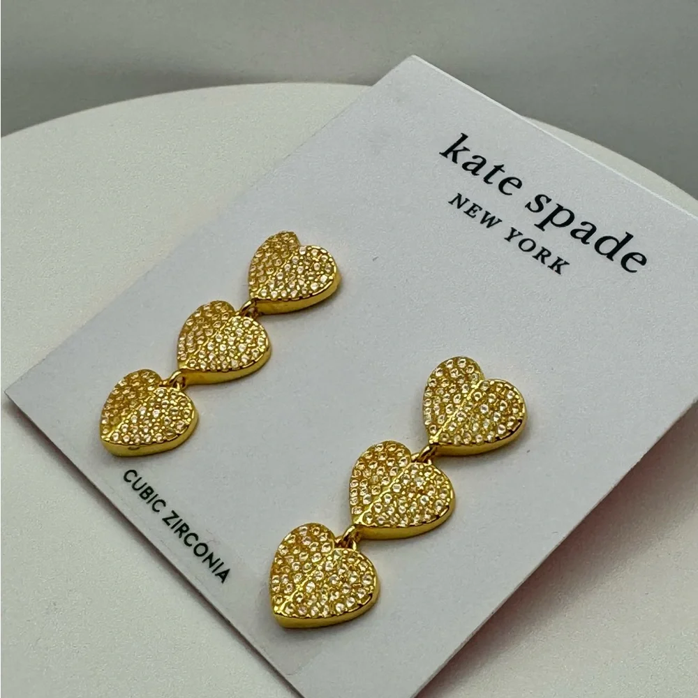 KATE SPADE 🩷 Heart to Heart Pave Triple Drop Earrings Gold Tone NWT